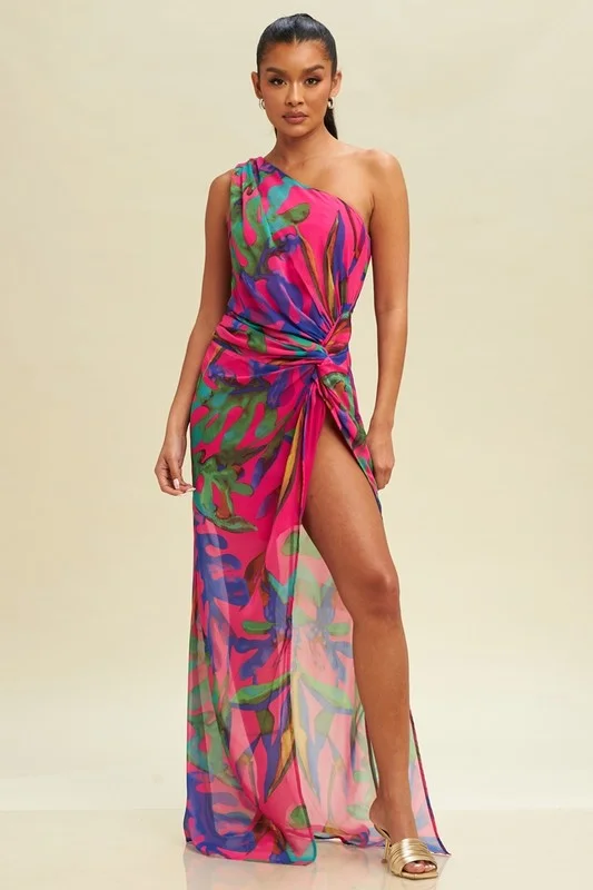 PALM ONE SIDE SLIT CHIFFON MAXI DRESS