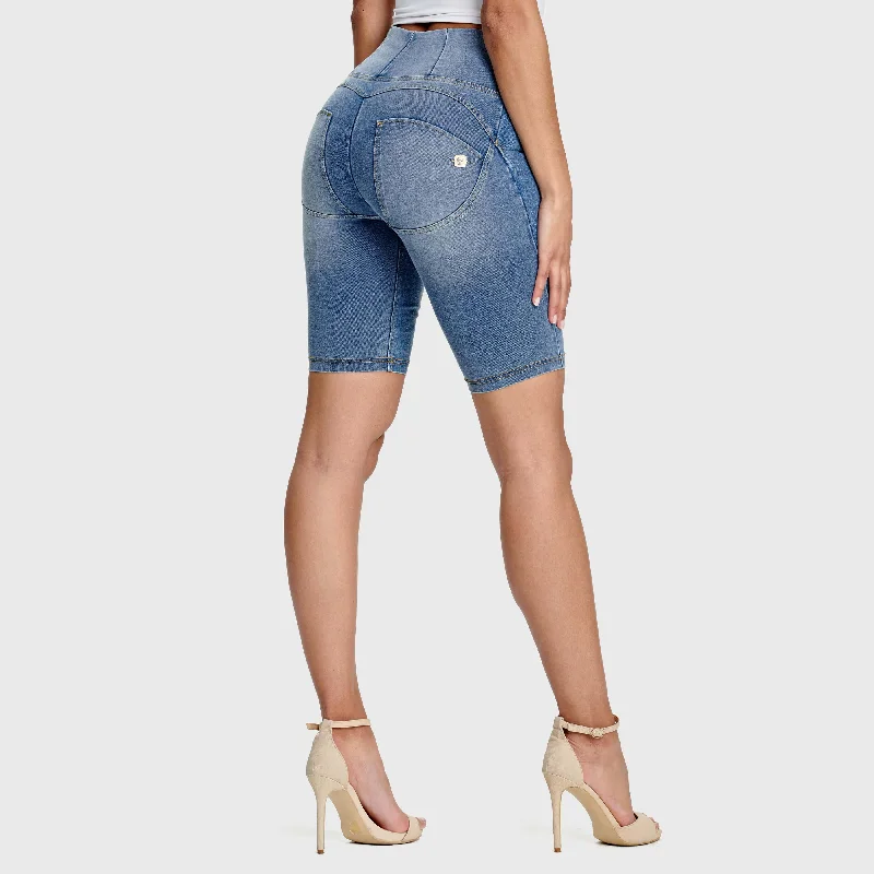 WR.UP® Denim - High Waisted - Biker Shorts - Light Blue + Yellow Stitching