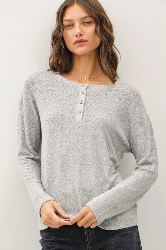 Heather Grey Brushed Knit Henley Top