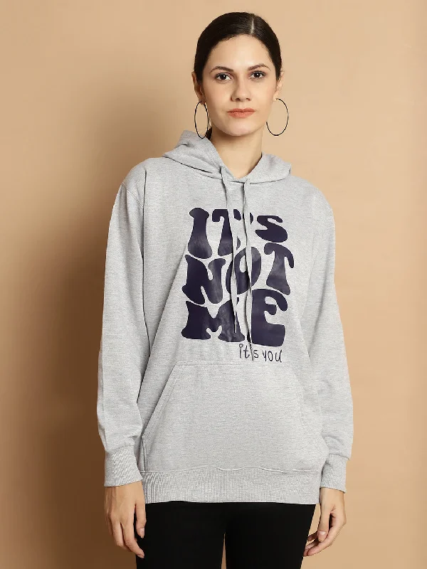 Mack Jonney Grey Melange Printed Hooded Cotton Fleece Sweatshirt for Women