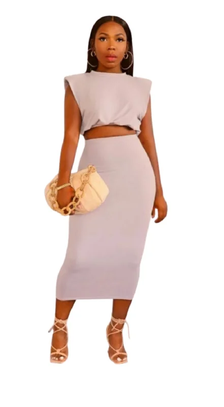 Kandi's Gray Padded Shoulder Top & Skirt Set