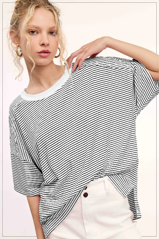 Black Striped Drop Shoulder Short Sleeve Top