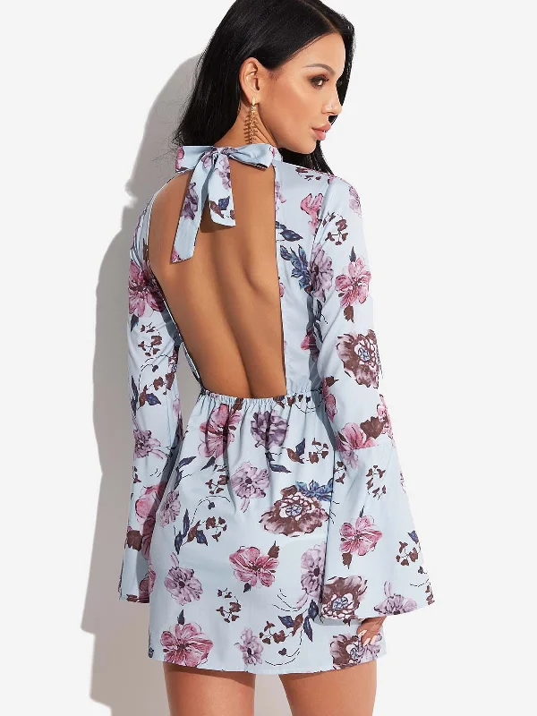 Wholesale Blue Long Sleeve Floral Print Backless Self-Tie Mini Dress