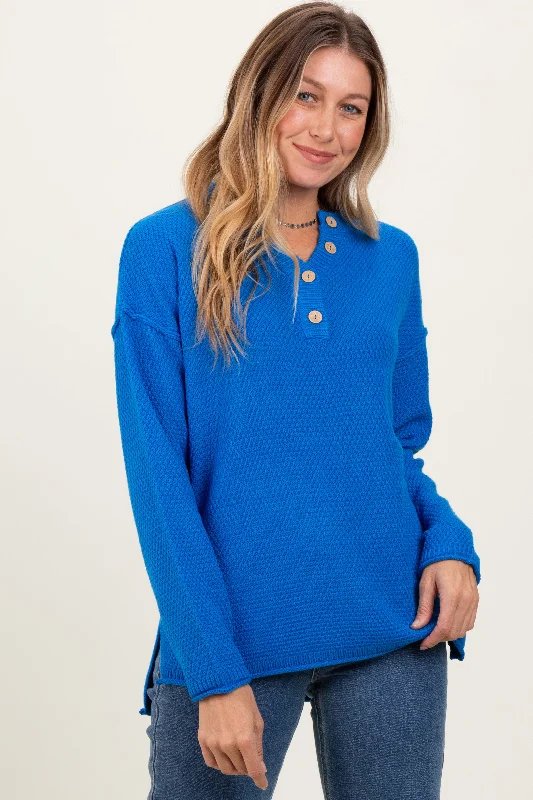 Blue Diamond Knit Button Detail Sweater