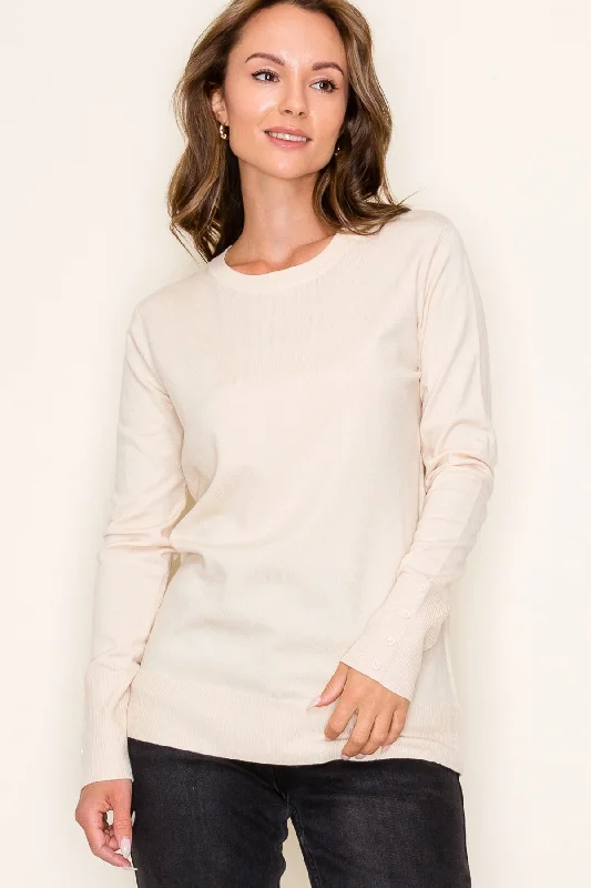 Cream Knit Long Button Sleeve Top