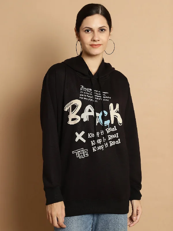 Mack Jonney Black Printed Hooded Cotton Fleece Sweatshirt for Women