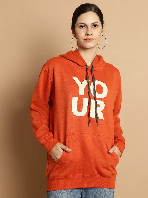 Mack Jonney Rust Printed Hooded Cotton Fleece Sweatshirt for Women