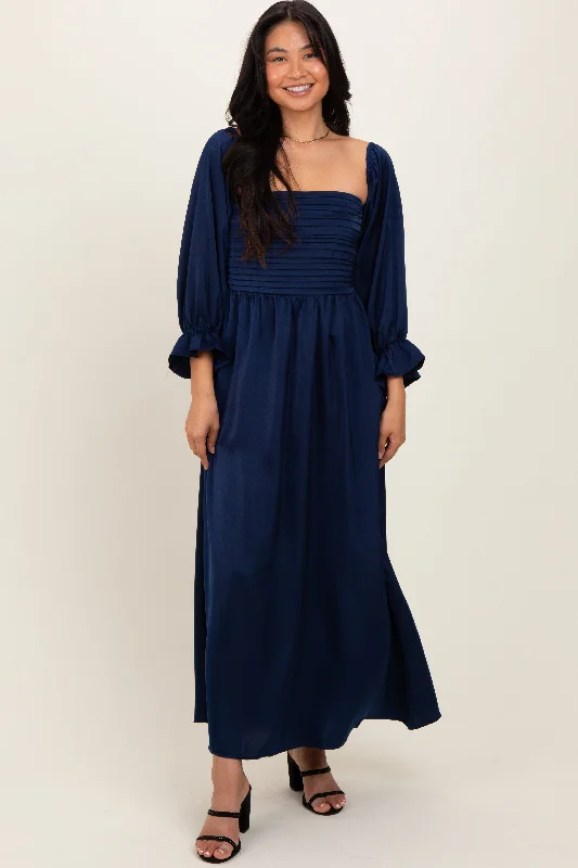 Navy Off Shoulder Satin Pleated Bodice Maxi Dress