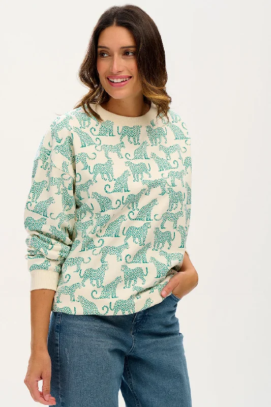 Eadie Relaxed Sweatshirt - Off-White, Green Leopards