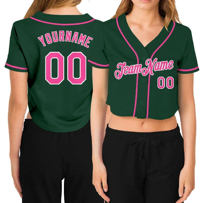 Custom Women's Green Pink-White V-Neck Cropped Baseball Jersey