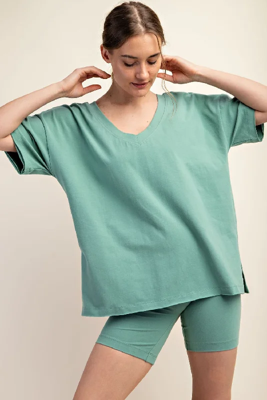 Light Olive Oversized V-Neck Side Slit Tee