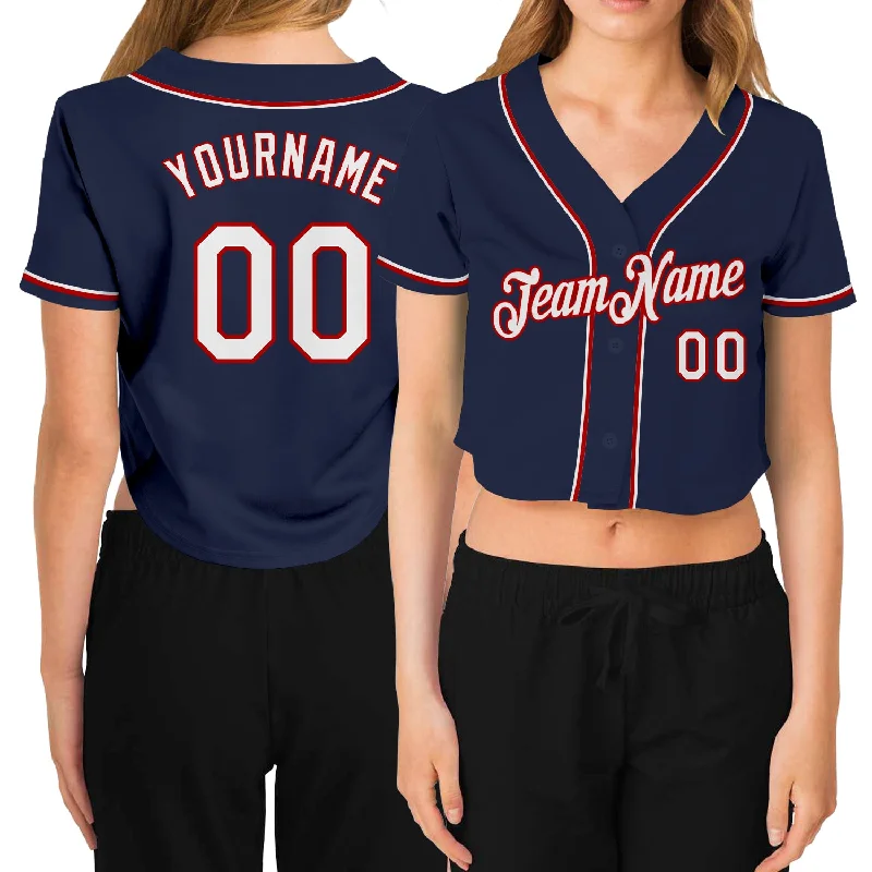 Custom Women's Navy White-Red V-Neck Cropped Baseball Jersey