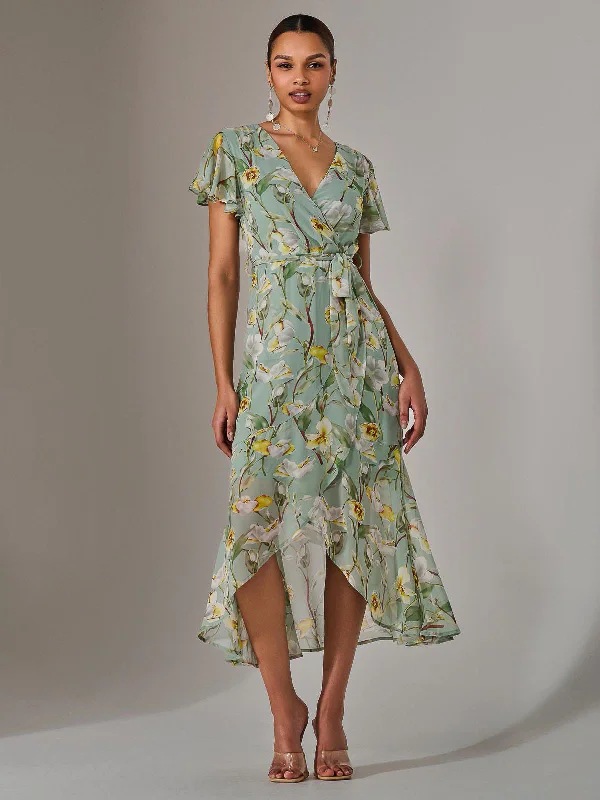 Chiffon Wrap Midi Dress, Teal Floral