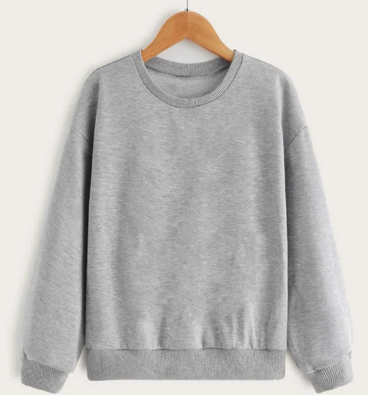 Mack Jonney Grey Melange Solid Round Neck Cotton Fleece Sweatshirt for Women