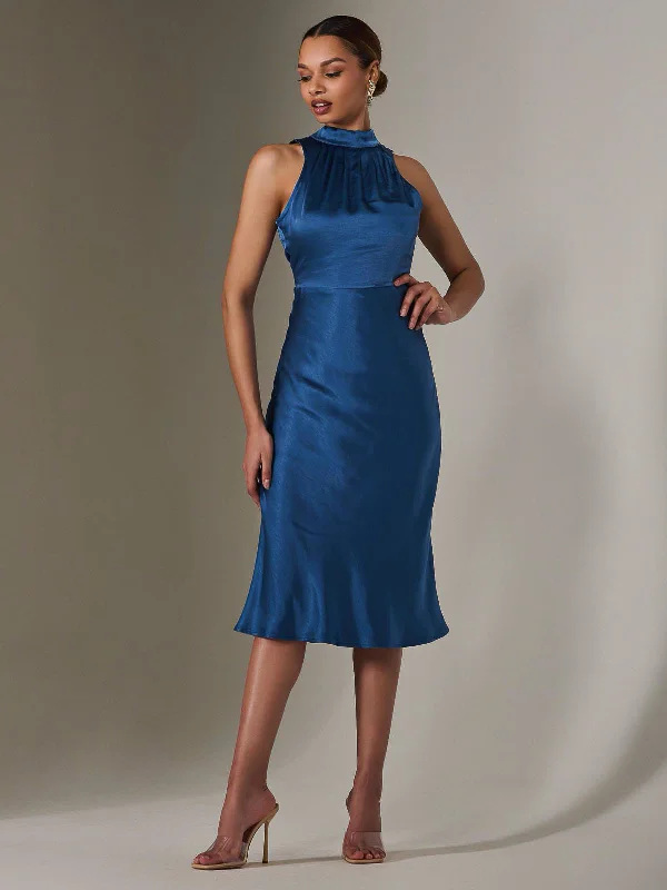 Satin Halter Neck Midi Dress, Navy