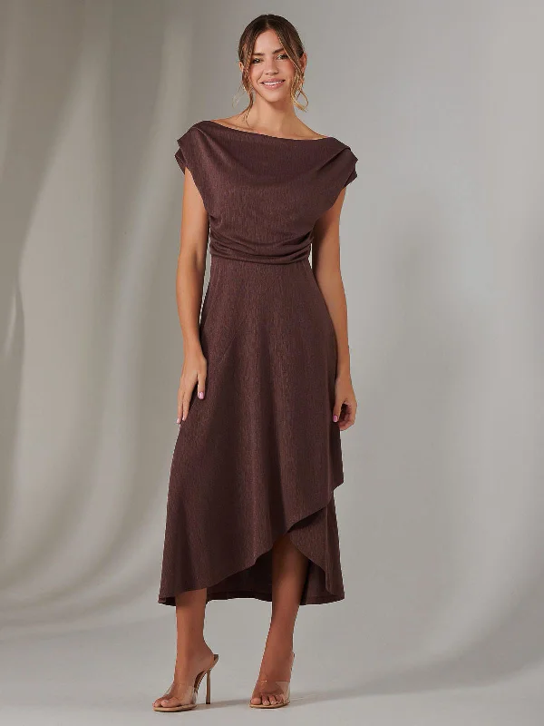 Asymmmetric Draped Midi Dress, Brown