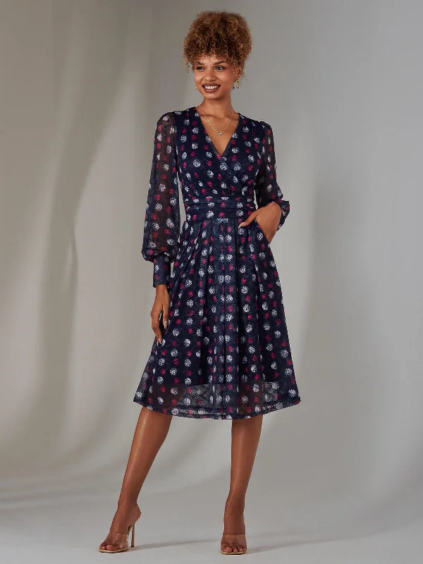 Long Sleeve Lace Print Midi Dress, Navy Abstract