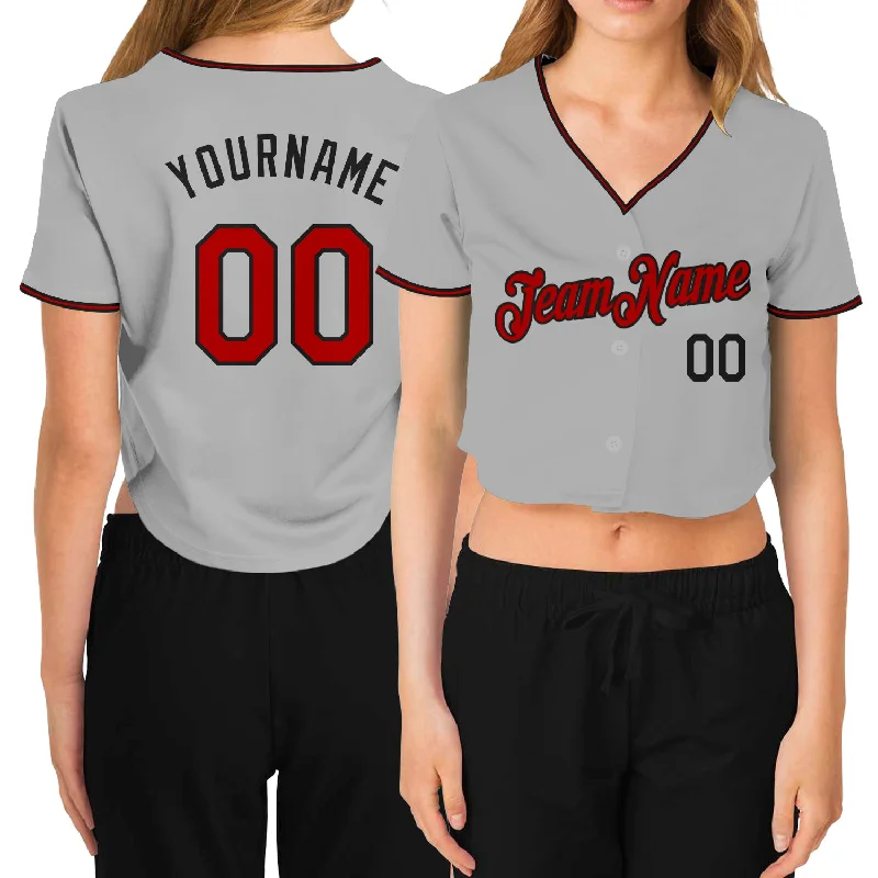 Custom Women's Gray Red-Black V-Neck Cropped Baseball Jersey