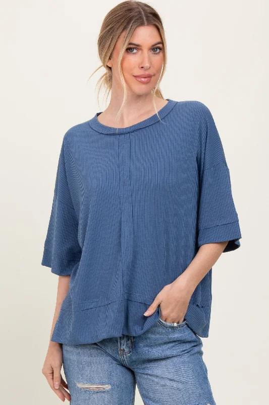 Blue Ribbed Boxy Fit Short Sleeve Top