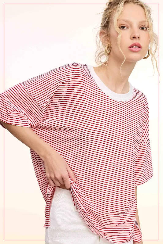 Red Striped Drop Shoulder Short Sleeve Top