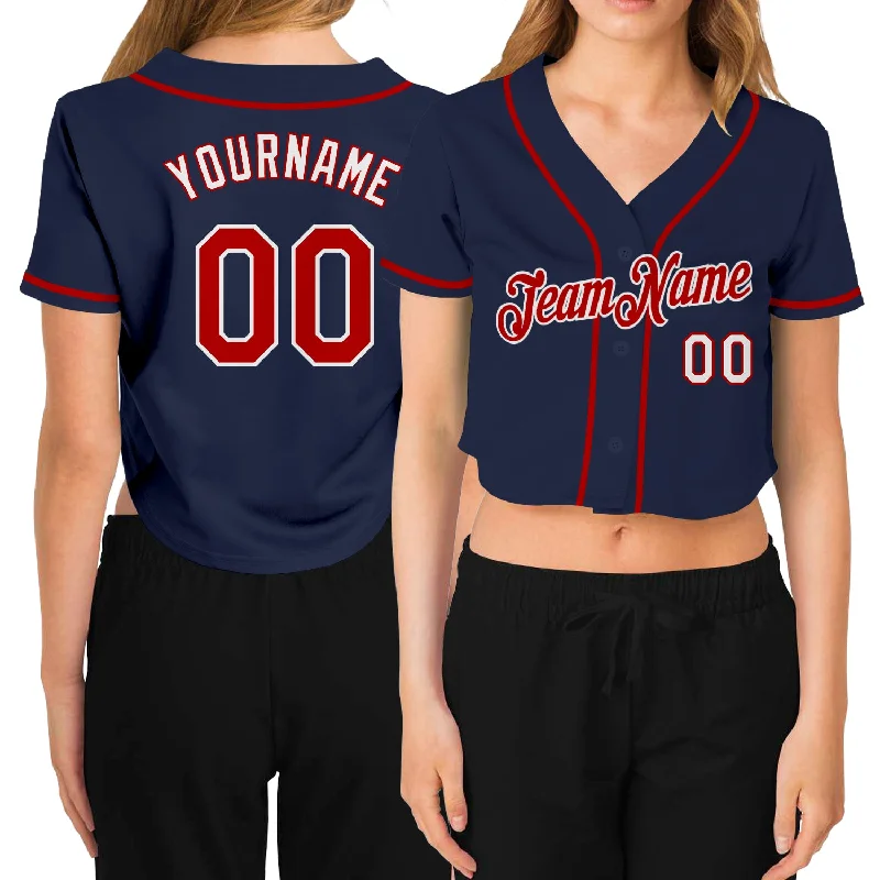 Custom Women's Navy Red-White V-Neck Cropped Baseball Jersey