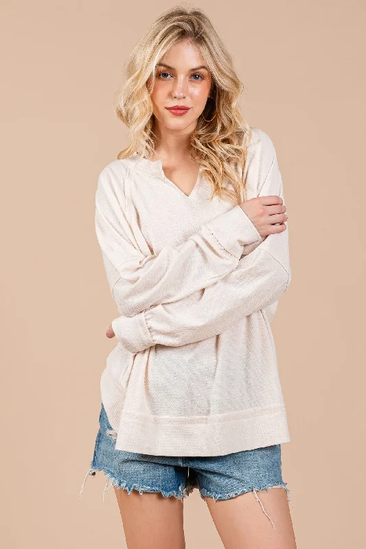 Cream Oversized V-Neck Waffle Knit Long Sleeve Top