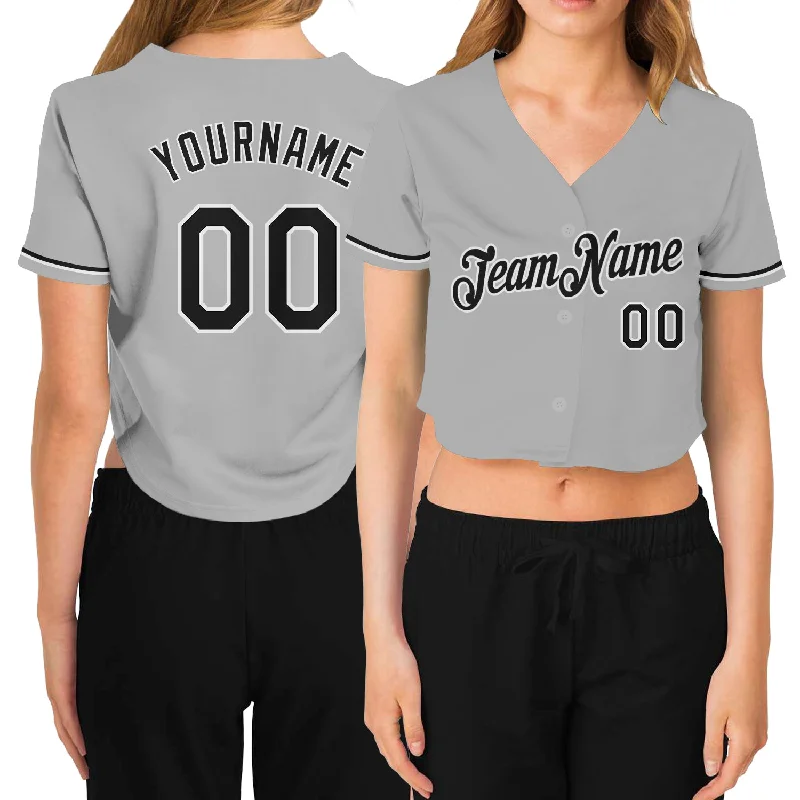 Custom Women's Gray Black-White V-Neck Cropped Baseball Jersey