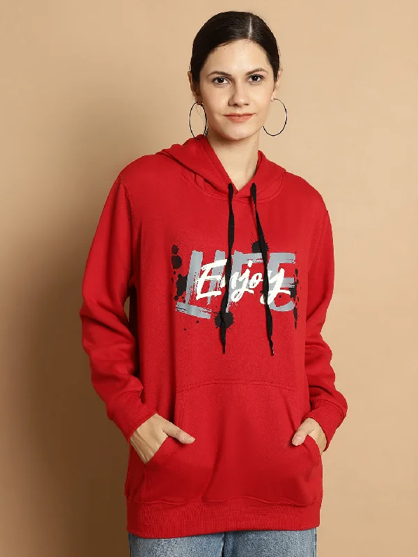 Mack Jonney Maroon Printed Hooded Cotton Fleece Sweatshirt for Women