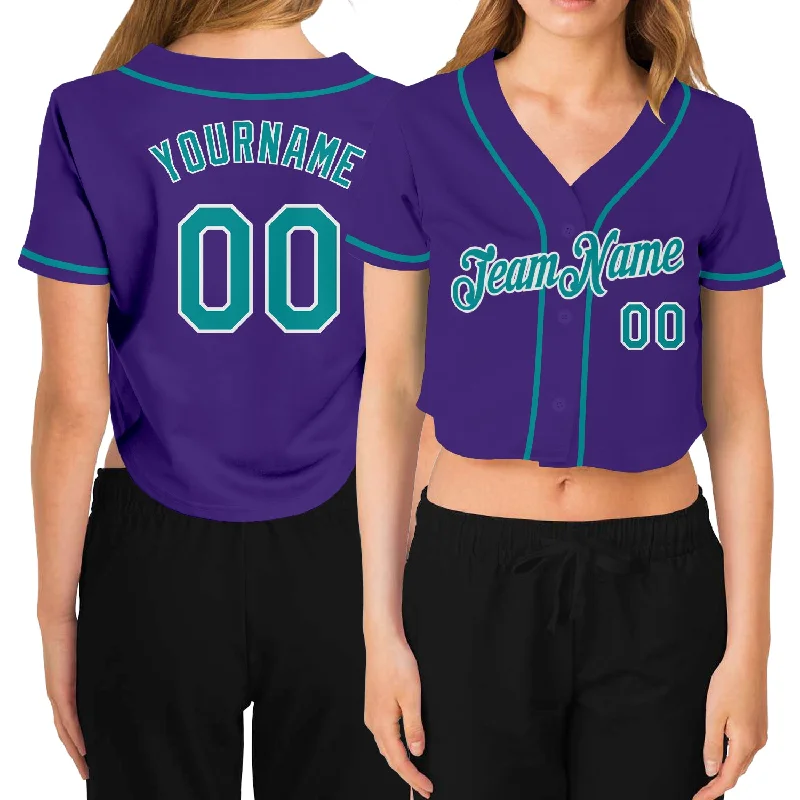 Custom Women's Purple Aqua-White V-Neck Cropped Baseball Jersey