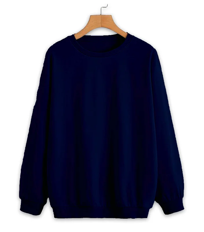 Mack Jonney Navy Blue Solid Round Neck Cotton Fleece Sweatshirt for Women