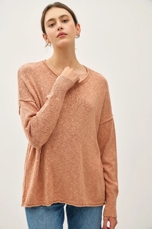 Peach Heather Unfinished Hem Sweater