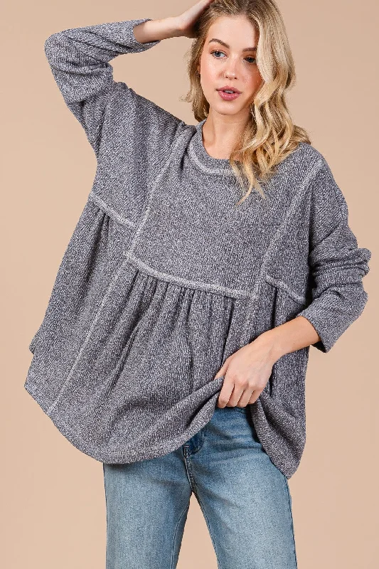 Charcoal Ribbed Brushed Knit Oversized Long Sleeve Top