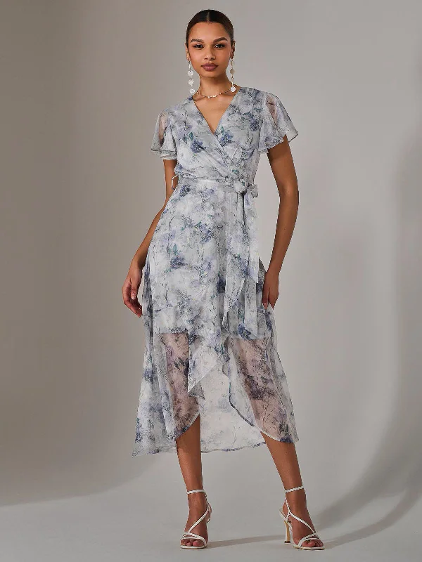 Chiffon Wrap Midi Dress, Blue Floral