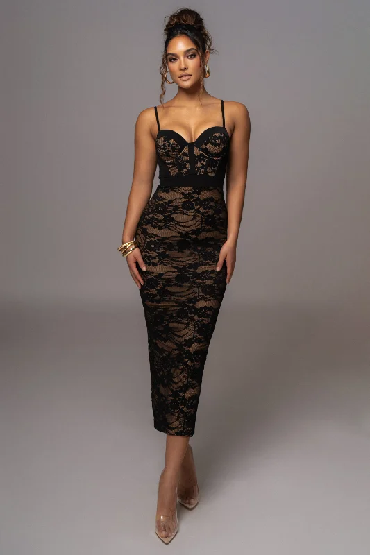 Black Mesh and Lace Bustier Midi Dress