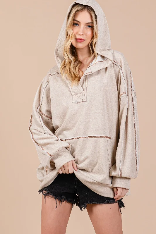 Beige Oversized Raw Hem Hoodie