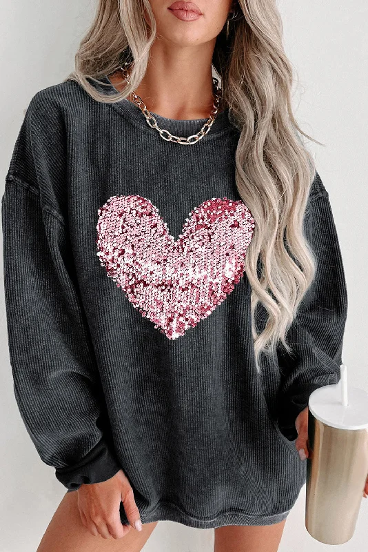 Black Corded Sequin Heart Graphic Crewneck Sweatshirt