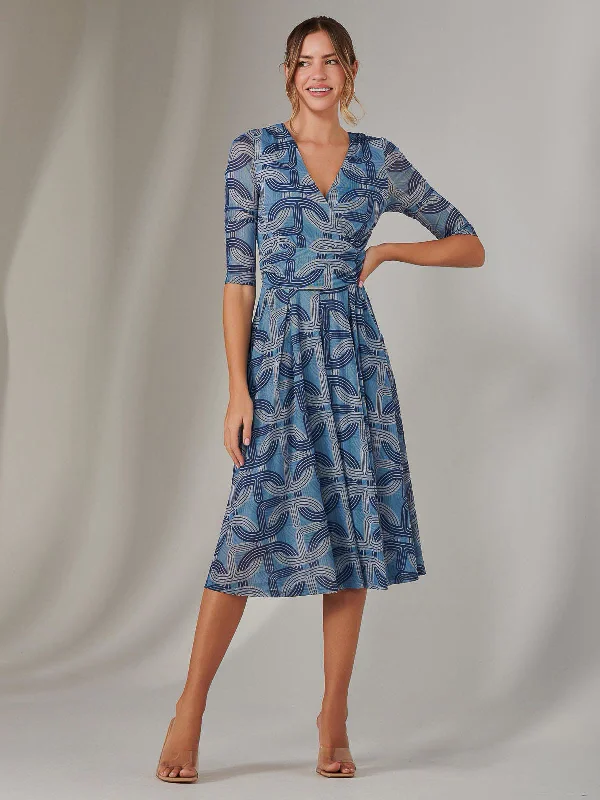 Mesh Wrap Midi Dress, Blue Pattern